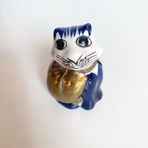 Vintage Tonala & Brass Mexican Folk Art Pottery Cat Figurine 2.5 Inch